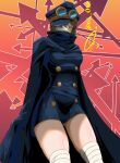  1girl 65_ozu arrow_(symbol) bandaged_leg bandages bandages_over_mouth black_cape black_hair blue_panties bottomless breasts brown_eyes buttons cape cowboy_shot goggles goggles_on_headwear gradient_background gunko hat heterochromia high_collar highres military_hat military_uniform no_pants one_piece panties short_hair sleeves_past_fingers sleeves_past_wrists small_breasts solo thick_thighs thighs twitter_username underwear yellow_eyes 