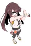  1girl :d belt black-framed_eyewear black_leggings black_socks blush bracelet brown_eyes brown_hair clenched_hands commentary_request female_protagonist_(pokemon_champions) full_body glasses gloves happy highres holster jewelry kurachi_mizuki leggings long_hair looking_at_viewer open_mouth poke_ball poke_ball_(basic) pokemon pokemon_champions semi-rimless_eyewear shoes simple_background single_glove smile socks solo standing stretching vest white_background white_belt white_shoes white_vest 