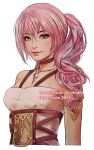  1girl artist_name blue_eyes breasts closed_mouth commentary commission commissioner_name english_commentary final_fantasy final_fantasy_xiii hair_between_eyes long_hair looking_at_viewer medium_breasts pink_hair pink_lips ponytail serah_farron simple_background smile solo upper_body vhyrel white_background 