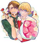  bad_id bad_pixiv_id barnaby_brooks_jr blonde_hair blue_eyes bouquet brown_eyes brown_hair eyelashes facial_hair flower food fork fruit glasses jacket jewelry kaburagi_t_kotetsu male_focus multiple_boys necklace necktie red_jacket rose short_hair skr_tsunakan strawberry stubble tiger_&amp;_bunny vest waistcoat 