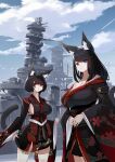  2girls absurdres animal_ear_fluff animal_ears azur_lane bare_shoulders battleship black_hair breasts cat_ears cat_girl cleavage cloud cowboy_shot floral_print floral_print_kimono fusou_(azur_lane) fusou_(battleship) highres huge_breasts japanese_clothes kimono long_hair long_sleeves medium_breasts military_vehicle multiple_girls outdoors personification print_kimono ryosuke1225 ship short_hair siblings sideboob sisters thighhighs vehicle_and_personification warship watercraft white_thighhighs wide_sleeves yamashiro_(azur_lane) yamashiro_(battleship) zettai_ryouiki 