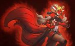  abstract_background blonde_hair breasts canine caprine clothed clothing faint female fox glowing glowing_eyes goat hair horn hybrid legwear looking_at_viewer mammal navel red red_theme short_hair skimpy solo standing stockings sword tail warrior weapon 