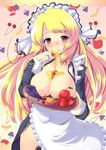  apple apron blonde_hair blush breasts brown_eyes censored cherry cleavage convenient_censoring food frills fruit grapes honey large_breasts long_hair maid maid_headdress no_panties orange original snow_(gi66gotyo) solo 