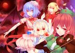  adapted_costume alternate_eye_color bad_id bad_pixiv_id bat_wings beret blonde_hair blue_flower blue_rose braid bug butterfly castle elbow_gloves flandre_scarlet flower full_moon gloves hat hong_meiling insect instrument izayoi_sakuya lolo_loki maid maid_headdress moon multiple_girls night night_sky no_hat no_headwear outstretched_arm purple_hair red_eyes red_hair red_moon red_sky remilia_scarlet rose scarlet_devil_mansion short_hair short_sleeves sky smile touhou twin_braids violin white_hair wings 