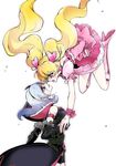  :o black_gloves blonde_hair boots bow cure_peach dress eas eye_contact falling flying fresh_precure! frills gloves grey_hair hair_ornament hairband hairpin heart heart_hair_ornament higashi_setsuna high_heels highres knee_boots long_hair looking_at_another magical_girl momozono_love multiple_girls open_mouth pink_bow pink_eyes pink_footwear plant precure shoes short_hair shorts tears tima twintails vines wrist_cuffs yuri 