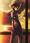  blue_eyes brown_hair cloud eimelle_(nikukyuu) evangelion:_2.0_you_can_(not)_advance glasses long_hair looking_back makinami_mari_illustrious neon_genesis_evangelion plugsuit rebuild_of_evangelion revision signature sky solo sunset 