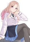  1girl absurdres black_necktie blonde_hair blue_overskirt blue_skirt blush crossed_legs curtained_hair feet_out_of_frame forehead gakuen_idolmaster grey_pantyhose grey_shirt highres idolmaster jacket juo_sena light_smile long_hair looking_at_viewer multicolored_hair necktie noa_82g pantyhose pink_hair shirt simple_background sitting skirt solo streaked_hair two-tone_hair very_long_hair white_background white_jacket 