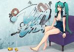  aqua_eyes aqua_hair barefoot bespectacled breasts cleavage feet glasses hatsune_miku headphones jay27 long_hair medium_breasts open_clothes open_shirt rubber_duck shirt sitting skirt solo twintails very_long_hair vocaloid wristband 