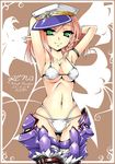  armor bikini border braid breasts brown_background character_name cleavage ecell elsword green_eyes groin hat highres medium_breasts outside_border pink_hair pointy_ears rena_(elsword) short_hair smile solo swimsuit thighhighs underboob white_border 