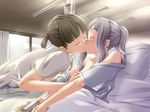  1girl bare_shoulders black_hair blush book breast_grab breasts brown_hair closed_eyes evangeline_(tekoire_princess) fuwa_daisuke game_cg grabbing hospital intravenous_drip jpeg_artifacts kiss mitsuru_(tekoire_princess) nipples ponytail silver_hair small_breasts tekoire_princess white_hair 