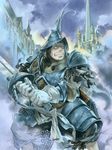  adelbert_steiner armor brush_(medium) castle color_ink_(medium) final_fantasy final_fantasy_ix gloves hat issun_boushi_(ilmtkimoti) male_focus solo sword traditional_media watercolor_pencil_(medium) weapon 