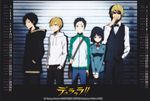  black_hair blonde_hair blonde_haircalendar_2011 calendar calendar_2011 durarara!! female glasses height_chart heiwajima_shizuo highres kida_masaomi male official_art orihara_izaya ryuugamine_mikado scan school_uniform short_hair sonohara_anri uniform 