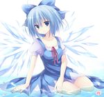  bad_id bad_pixiv_id blue_dress blue_eyes blue_hair bow cirno dress flower hair_bow marotti sitting solo touhou water wings 