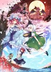  blue_sky boat castle cherry_blossoms cover cover_page cup dango drinking flower flying food full_moon green_hair izayoi_sakuya jpeg_artifacts konpaku_youmu konpaku_youmu_(ghost) moon multiple_girls night night_sky onozuka_komachi pink_hair red_hair remilia_scarlet river rod_of_remorse saigyouji_yuyuko sanshoku_dango sanzu_river scarlet_devil_mansion shiki_eiki skewer sky spider_lily suzushiro_kurumi tea teacup touhou tray wagashi water watercraft white_hair yunomi 