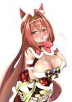  1girl absurdres animal_ears aramocyaillust arm_garter bare_shoulders black_skirt black_thighhighs blush bow bowtie breasts brown_hair commentary_request cowboy_shot daiwa_scarlet_(scarlet_nuit_etoile)_(umamusume) daiwa_scarlet_(umamusume) dress ear_covers hair_between_eyes hair_intakes hand_up highres horse_ears horse_girl horse_tail long_hair looking_at_viewer medium_breasts miniskirt open_mouth red_dress red_eyes santa_costume santa_dress short_dress simple_background single_ear_cover skirt sleeveless sleeveless_dress smile solo tail textless_version thighhighs tiara umamusume v-shaped_eyebrows white_background 