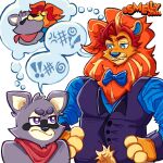  2boys animal_ears artist_name bad_id bad_twitter_id black_vest blue_bow blue_bowtie blue_shirt bow bowtie cat_nose fangs french_kiss furry furry_male hands_on_own_hips highres image_in_thought_bubble indigo_park kiss lion_boy lion_ears lion_mane lloydford_l._lion looking_at_another male_focus multiple_boys neckerchief raccoon_boy raccoon_ears rambley_the_raccoon red_neckerchief shirt smelly_milartz speech_bubble spoken_symbol thought_bubble twitter_username vest yaoi 