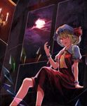  arm_up ascot blonde_hair candle cloud cloudy_sky dress flandre_scarlet full_moon hat licking_lips m-ya moon oil_painting_(medium) red_dress red_eyes short_hair side_ponytail sitting sky slit_pupils solo tongue tongue_out touhou traditional_media window wings wrist_cuffs 