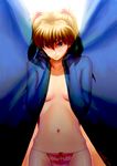  bangs blue_eyes blush breasts brown_hair clenched_hands collarbone covering covering_breasts curtain_grab curtains eimelle_(nikukyuu) embarrassed eyebrows_visible_through_hair furrowed_eyebrows groin hairpods hands_up hip_bones long_hair looking_away looking_down medium_breasts navel neon_genesis_evangelion panties rebuild_of_evangelion red_panties revision shikinami_asuka_langley signature solo souryuu_asuka_langley string_panties striped striped_panties topless transparent two_side_up underwear underwear_only upper_body wavy_mouth 