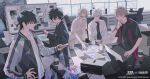  5boys black_hair black_jacket black_pants black_shirt blonde_hair book box brown_hair chair cheng_xiaoshi closed_eyes closed_mouth computer computer_keyboard computer_mouse copyright_name cup desk disposable_cup english_text ensemble_stars! glasses hair_between_eyes hand_on_own_chin hand_on_own_hip highres holding holding_cup indoors inplick jacket jewelry kagehira_mika korean_text laptop long_sleeves looking_at_another looking_at_viewer lu_guang male_focus monitor mug multiple_boys office official_art ogami_koga open_clothes open_jacket open_mouth pants paper pen phone plant profile shiguang_dailiren shirt short_hair short_sleeves sitting smile spiked_hair standing table watch white_hair white_jacket white_shirt window wristwatch yuuki_makoto_(ensemble_stars!) 