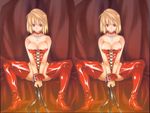  arcueid_brunestud bare_shoulders blonde_hair boots breasts choker cleavage corset cuffs duplicate leather nipple_slip nipples red_eyes short_hair stereogram thigh_boots thighhighs tsukihime 