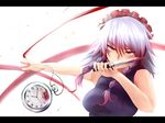  bad_id bad_perspective bad_pixiv_id blood braid highres izayoi_sakuya knife letterboxed maid_headdress pnoji pocket_watch red_eyes reverse_grip short_hair silver_hair simple_background solo touhou twin_braids upper_body watch white_background 