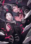  2boys akaashi_keiji black_hair black_jacket black_nails black_sweater blue_eyes blurry blurry_foreground chanoo_artz collarbone commentary empty_bottle english_commentary fingernails grey_background haikyuu!! hair_between_eyes holding holding_ribbon jacket kuroo_tetsurou looking_at_viewer lying male_focus multiple_boys on_back on_side own_hands_together parted_lips petal_in_mouth pink_petals pink_ribbon print_background ribbon short_hair skeleton sweater teeth upper_body yellow_eyes 