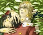  bad_id bad_pixiv_id barnaby_brooks_jr blonde_hair brown_hair eyelashes facial_hair glasses green_eyes jacket kaburagi_t_kotetsu lying male_focus multiple_boys necktie petals petting red_jacket reo_(19931206) sleeping stubble tiger_&amp;_bunny 