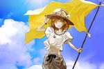  album_cover bad_id bad_pixiv_id banpai_akira brown_eyes brown_hair cloud cover day flag hat jewelry navel necklace original sky smile solo sun_hat sunglasses 