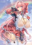  blue_eyes bow breasts cleavage_cutout comic_unreal covered_nipples dress fingerless_gloves frills gloves hair_bow heart heart_cutout highres huge_breasts jewelry long_hair mogudan pink_hair ponytail puffy_nipples rainbow see-through short_dress solo thighhighs very_long_hair 