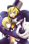  android bad_id bad_pixiv_id blazblue blonde_hair blue_eyes blush brother_and_sister carl_clover carrying glasses gloves happy hat kuro_yuzu nirvana outstretched_hand siblings top_hat white_gloves 