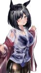  1girl absurdres alternate_costume animal_ears aramocyaillust bare_shoulders black_hair black_pantyhose blue_eyes blue_one-piece_swimsuit chestnut_mouth commentary_request ear_ornament eishin_flash_(umamusume) hair_between_eyes highres horse_ears horse_girl horse_tail jacket long_sleeves one-piece_swimsuit open_clothes open_mouth pantyhose pantyhose_under_swimsuit red_jacket see-through_clothes shirt short_hair simple_background solo swimsuit tail thighband_pantyhose track_jacket umamusume wet wet_clothes wet_shirt white_background white_shirt 