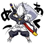  armor blazblue bodysuit boots chibi danna_max full_body hakumen long_hair male_focus mask silver_hair solo sword weapon 