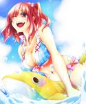  bare_shoulders bikini breasts cleavage medium_breasts one_eye_closed onozuka_komachi open_mouth red_eyes red_hair simons62166 solo straddling swimsuit touhou two_side_up water wet 