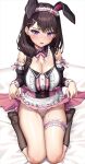  1girl animal_ears bang_dream! bang_dream!_it&#039;s_mygo!!!!! bare_shoulders blush breasts brown_hair cleavage dress fake_animal_ears lambda_(kusowarota) large_breasts long_hair looking_at_viewer open_mouth panties purple_eyes rabbit_ears seiza shiina_taki sitting solo thighs underwear 
