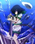  anchor black_hair hat hat_removed headwear_removed midriff murasa_minamitsu navel red_eyes sailor sailor_collar_lift sailor_hat shorts solo touhou tsukikusa underwater 