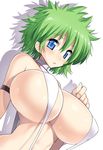  armlet blue_eyes blush breasts choker from_below green_hair huge_breasts looking_at_viewer messy_hair nagase_haruhito open_mouth original short_hair simple_background slingshot_swimsuit solo swimsuit 