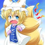  animal_tail blue_eyes chibi female fox_tail girl hat open_mouth short_hair simple_background tail touhou yakumo_ran 