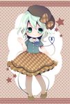  blush bow chibi closed_eyes eyeball frills green_eyes green_hair haru_(citron_citron) hat heart heart_of_string highres komeiji_koishi pantyhose polka_dot polka_dot_legwear short_hair skirt smile solo star third_eye touhou 