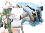  2girls ass azur_lane beret black_dress black_hat blue_hair blue_sky bodystocking breasts closed_eyes decorations derivative_work dress feet green_hair hat holding holy_hand_grenade large_breasts leggings legs light_smile marco_polo_(azur_lane) microdress mitre multiple_girls oukama paintbrush painting_(object) pantyhose posing purple_eyes raffaello_(azur_lane) revealing_layer sky sparkle thick_thighs thighs twintails weapon 