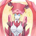  :&lt; ? android blazblue blonde_hair blue_eyes breasts citolo earrings frown hat hoop_earrings ignis_(blazblue) jewelry large_breasts pink_hat robot_ears short_hair solo yellow_background 
