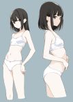  1girl bare_shoulders bra breasts brown_hair grey_background hair_behind_ear highres medium_hair moonsorrow multiple_views navel original panties small_breasts solo stomach training_bra underwear white_panties 