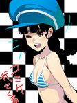  ;d bad_id bad_pixiv_id bikini black_hair blush breasts cabbie_hat checkered checkered_background cleavage girl_with_golden_shoe hat kin_no_kutsu_gin_no_kutsu long_hair masao medium_breasts one_eye_closed open_mouth original smile solo striped striped_bikini swimsuit translated upper_body yellow_eyes 