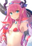  bangs bikini black_sleeves blue_eyes blush breasts choker detached_sleeves elizabeth_bathory_(brave)_(fate) elizabeth_bathory_(fate)_(all) eyebrows_visible_through_hair fate/grand_order fate_(series) gloves hair_between_eyes hairband hakuishi_aoi horns long_hair long_sleeves looking_at_viewer pink_hair pointy_ears red_bikini shiny shiny_hair shoulder_armor sideboob simple_background small_breasts smile solo spaulders swimsuit underboob upper_body very_long_hair white_background 