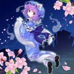  arm_ribbon blue_dress blue_eyes cherry_blossoms dress ghost graveyard hitodama iris_anemone long_sleeves night petals pink_hair ribbon saigyouji_yuyuko short_hair silhouette smile solo touhou twig 