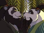  2boys animal_ears bara beard black_fur blizzard_entertainment blush chen_stormstout chinese_clothes claws english_commentary facial_hair fangs furry furry_male hand_on_another's_chin highres looking_at_another male_focus mudmug multicolored_fur multiple_boys open_mouth panda_boy panda_ears ponytail quasarbearcat smile warcraft white_fur yaoi 