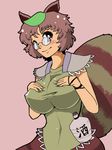  animal_ears bad_id bad_pixiv_id breast_suppress breasts brown_eyes brown_hair futatsuiwa_mamizou glasses gomibuta_kuzutarou huge_breasts impossible_clothes impossible_shirt leaf shirt solo tail taut_clothes taut_shirt touhou 