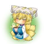  aburaage bad_id bad_pixiv_id blonde_hair blue_dress blush bowl chibi closed_eyes dress drooling fang food fox_tail hat kitsune_udon multicolored multicolored_clothes multicolored_dress multiple_tails rebecca_(keinelove) short_hair solo tail touhou translated wavy_mouth white_dress yakumo_ran 