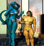  4 anthro arms big_breasts bigtits breasts dragon duo feline female lion male mammal multi_limb multiple_arms nipples non-mammal_breasts pinup size_difference speedo standing swimsuit topless underwear vic34677 