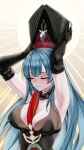  1girl armpits azur_lane black_dress black_gloves black_hat black_pantyhose blue_hair bodystocking breasts cleavage closed_eyes clothing_cutout dress english_commentary gloves halo halo_behind_head hat highres holding horns large_breasts long_hair marco_polo_(azur_lane) mitre mole mole_under_eye oukama pantyhose solo 