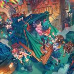  1boy 3girls anklet aqua_skirt aqua_sweater arm_tattoo artist_name balcony bandaged_arm bandages baseball_cap bicycle bikini bird black_hair black_pants blue_shirt box breasts brown_hair brown_shoes building car cleavage clipboard clothes_around_waist commentary dated door driving english_commentary fire_escape hair_ornament hairclip hat helmet holding holding_box jacket jewelry kiwi_(bird) large_breasts leaning_out_of_window looking_at_another medium_hair motor_vehicle motorcycle_helmet multicolored_jacket multiple_girls on_scooter on_truck open_box orange_bikini original outdoors packing_peanuts pants pink_hair pink_shirt plaid_clothes plaid_shirt pleated_skirt railing road rope scissors scooter shirt shoes short_hair simz skirt socks standing standing_on_one_leg street string_of_flags string_of_light_bulbs surprised sweater sweater_around_waist swimsuit tape tattoo tentacles torn_clothes torn_pants truck watch white_hair white_shirt white_shoes white_socks wristwatch 